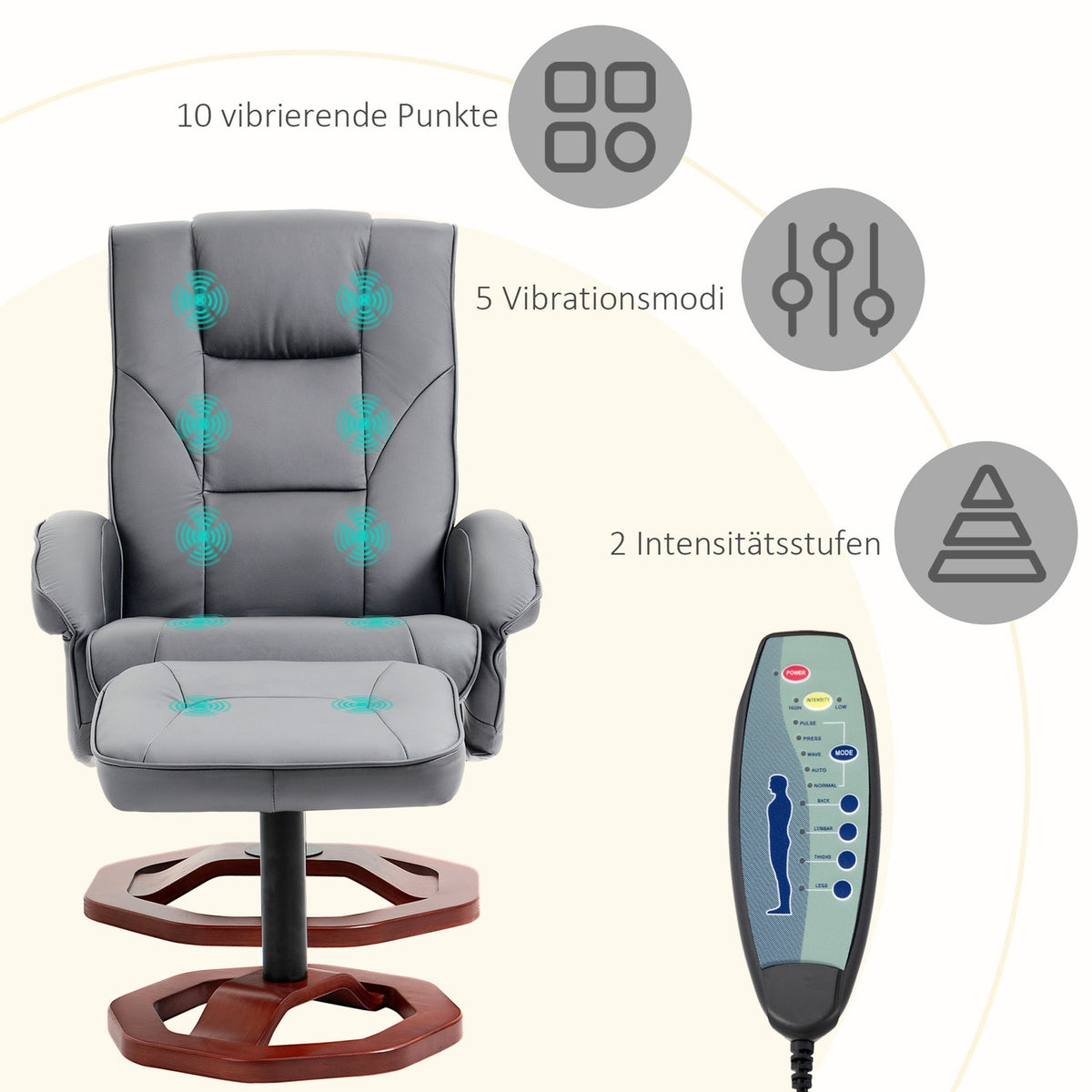 Relaxation chair, massage chair with stool, TV chair with reclining function, 360° rotatable with side pocket, faux leather, 73 x 83 x 106cm, dark grey