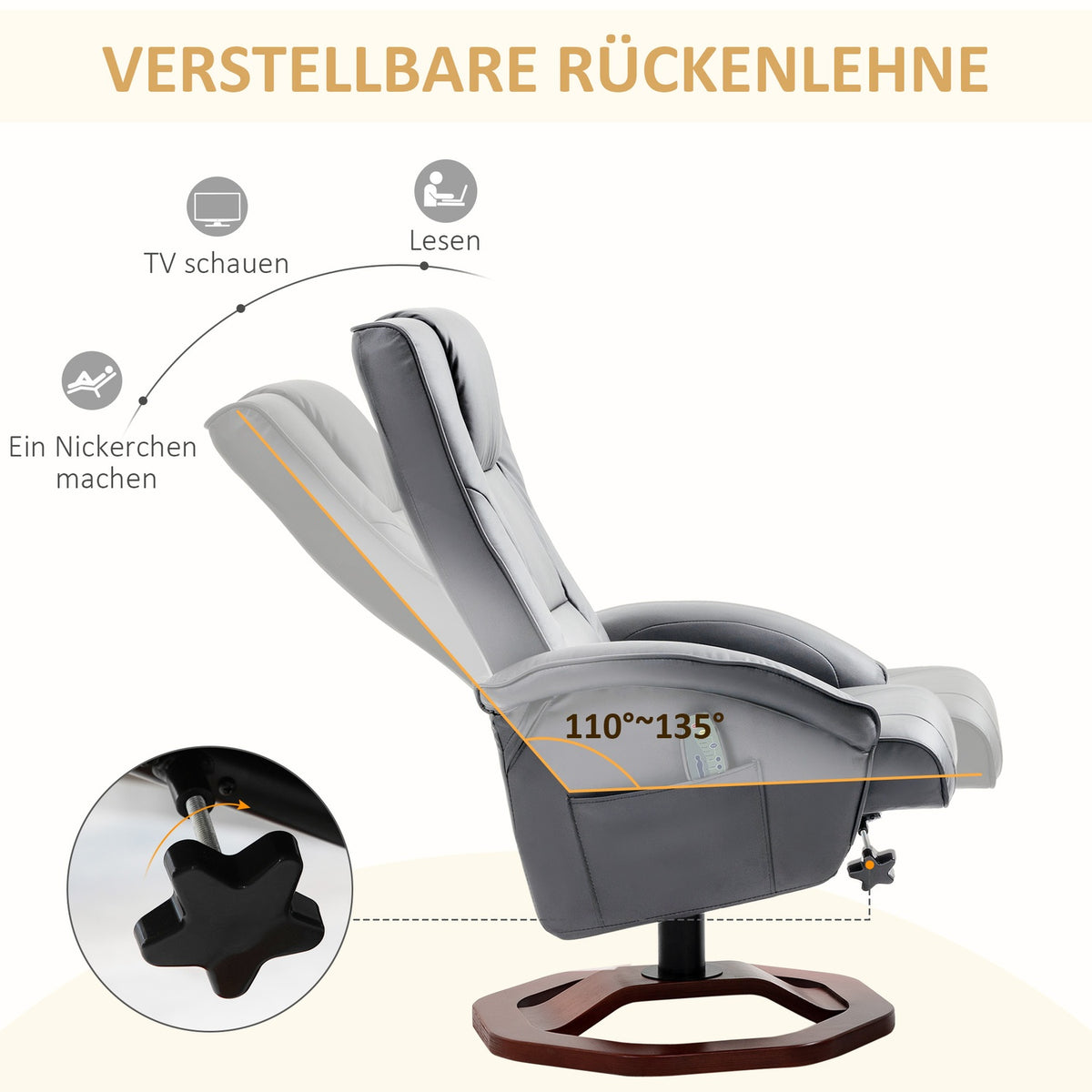 Relaxation chair, massage chair with stool, TV chair with reclining function, 360° rotatable with side pocket, faux leather, 73 x 83 x 106cm, dark grey