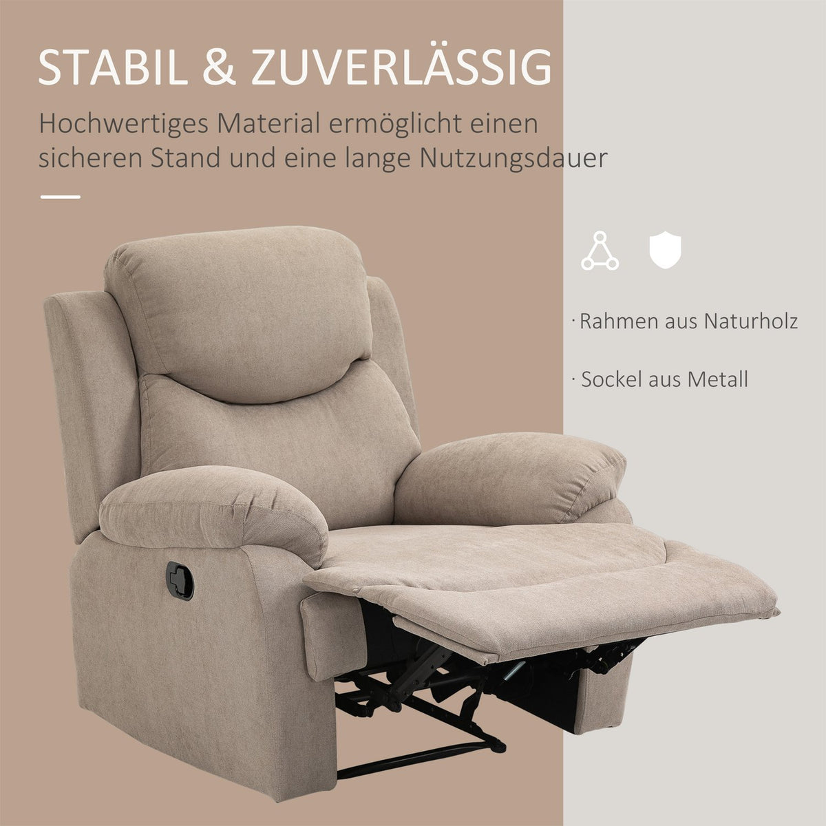 Relaxation chair single sofa lounger with 150° inclination, TV chair in linen look, beige, 97x96x105.5cm