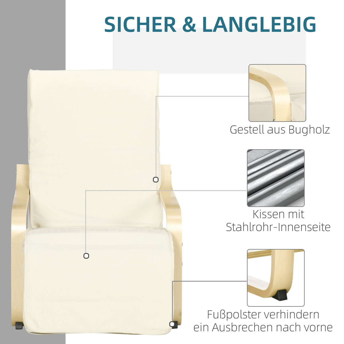Relaxation chair, swing chair, recliner, relaxation chair with adjustable footrest, dining chair with linen look for living room, birch wood, cream white 66.5 x 94 x 100cm