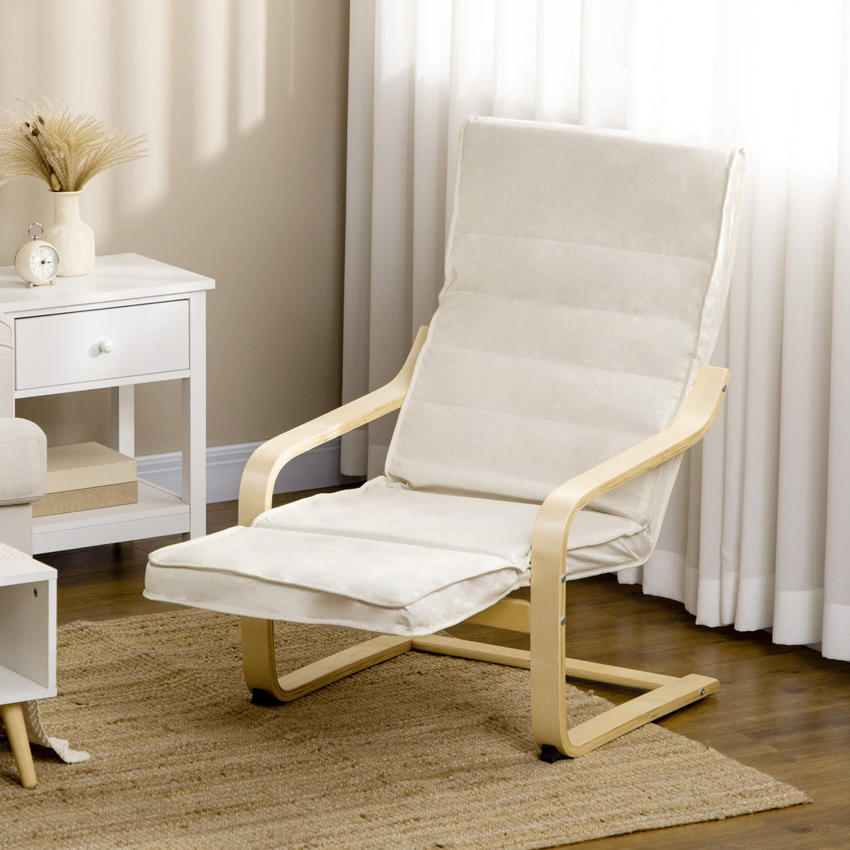 Relaxation chair, swing chair, recliner, relaxation chair with adjustable footrest, dining chair with linen look for living room, birch wood, cream white 66.5 x 94 x 100cm