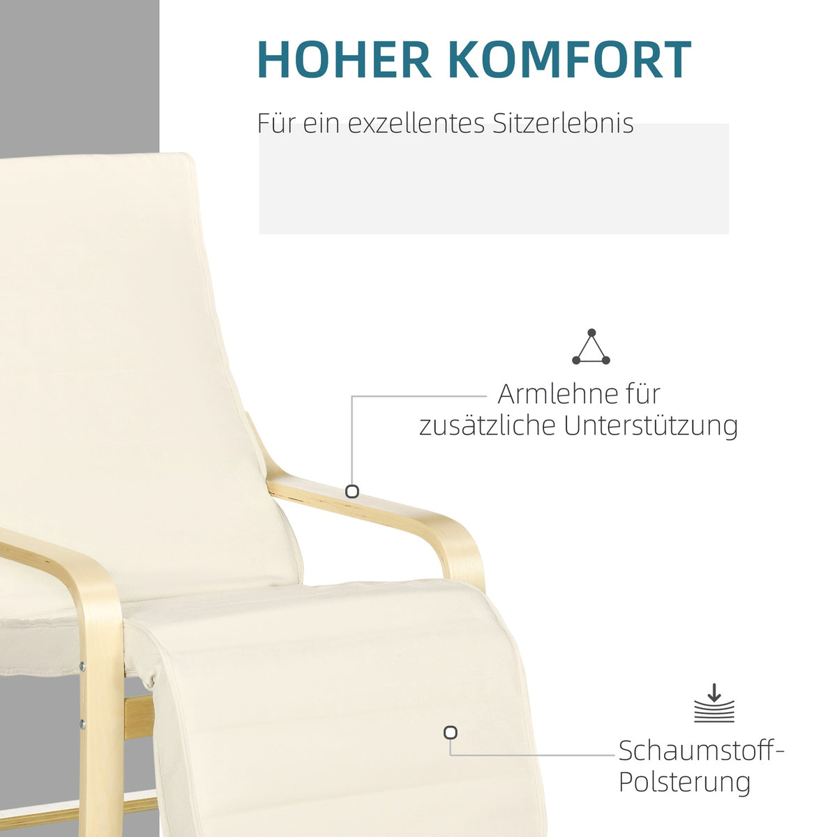 Relaxation chair, swing chair, recliner, relaxation chair with adjustable footrest, dining chair with linen look for living room, birch wood, cream white 66.5 x 94 x 100cm