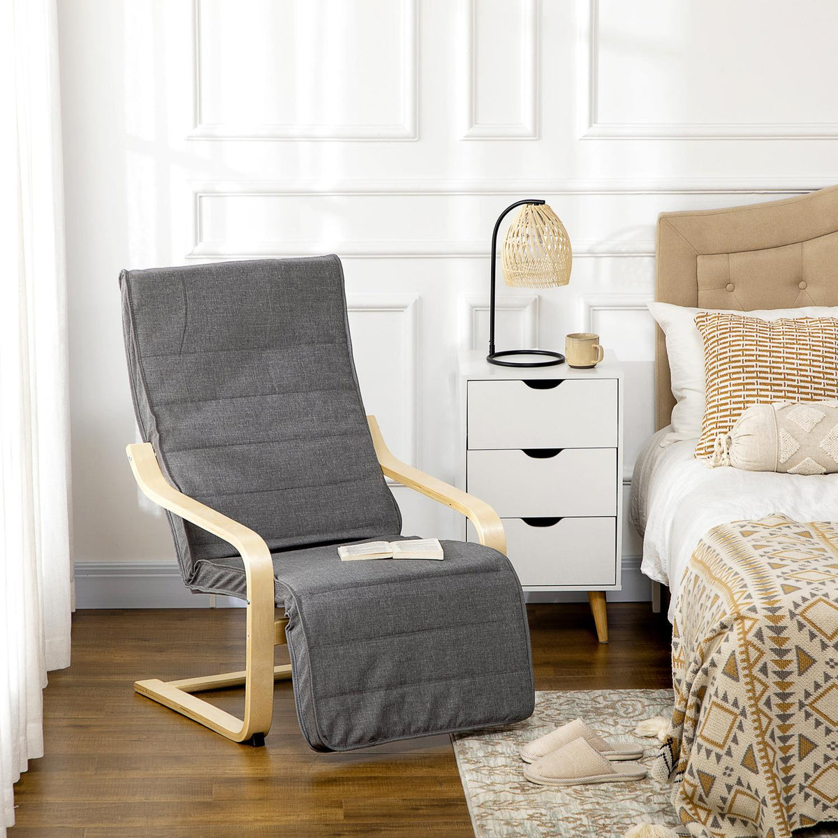 Relaxation chair, swing chair, recliner, relaxation chair with adjustable footrest, dining chair with linen look for living room, birch wood, gray 66.5 x 94 x 100cm
