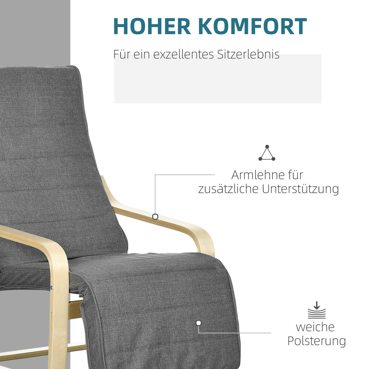 Relaxation chair, swing chair, recliner, relaxation chair with adjustable footrest, dining chair with linen look for living room, birch wood, gray 66.5 x 94 x 100cm