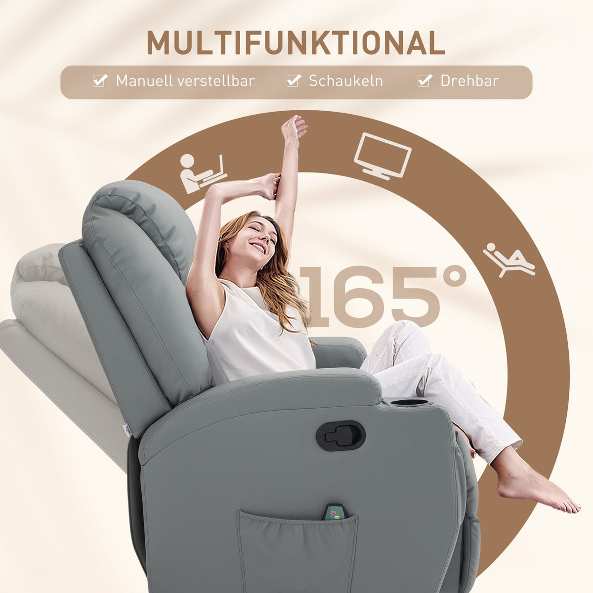 Relaxation chair with electric massage function, TV chair with reclining function, rocker function, swivel TV chair with spring system