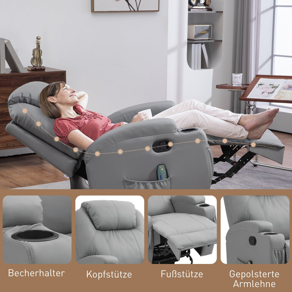Relaxation chair with electric massage function, TV chair with reclining function, rocker function, swivel TV chair with spring system