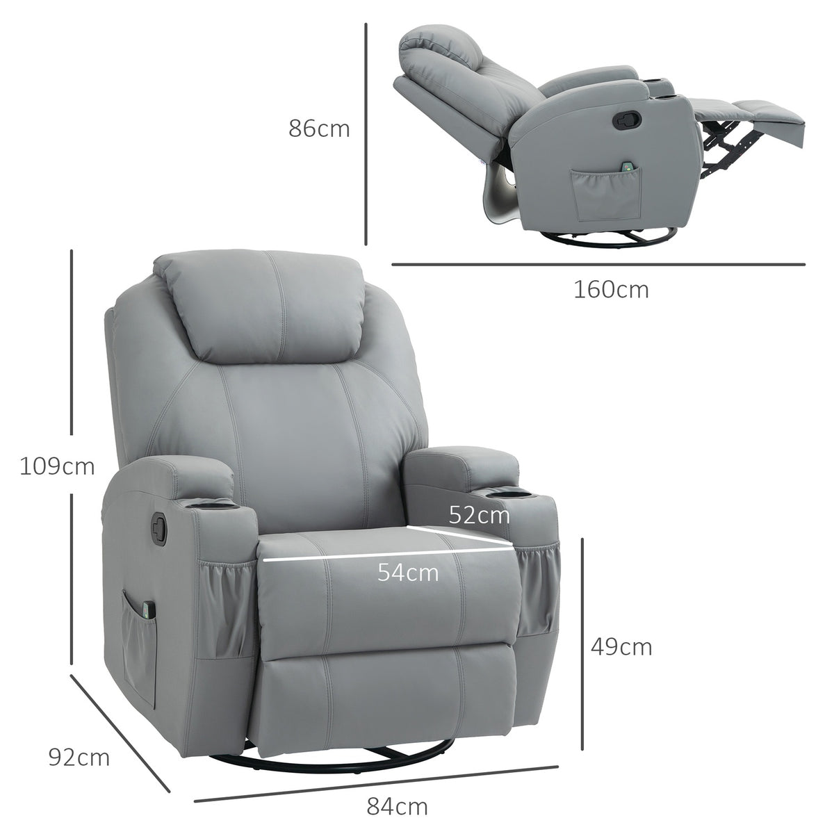 Relaxation chair with electric massage function, TV chair with reclining function, rocker function, swivel TV chair with spring system