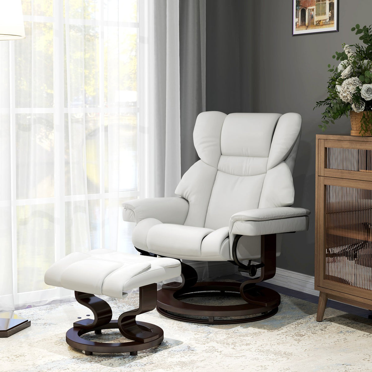 Relaxation chair with footstool, electric TV chair with reclining function, swivel massage chair with remote control, side pocket, for living room, faux leather, cream white