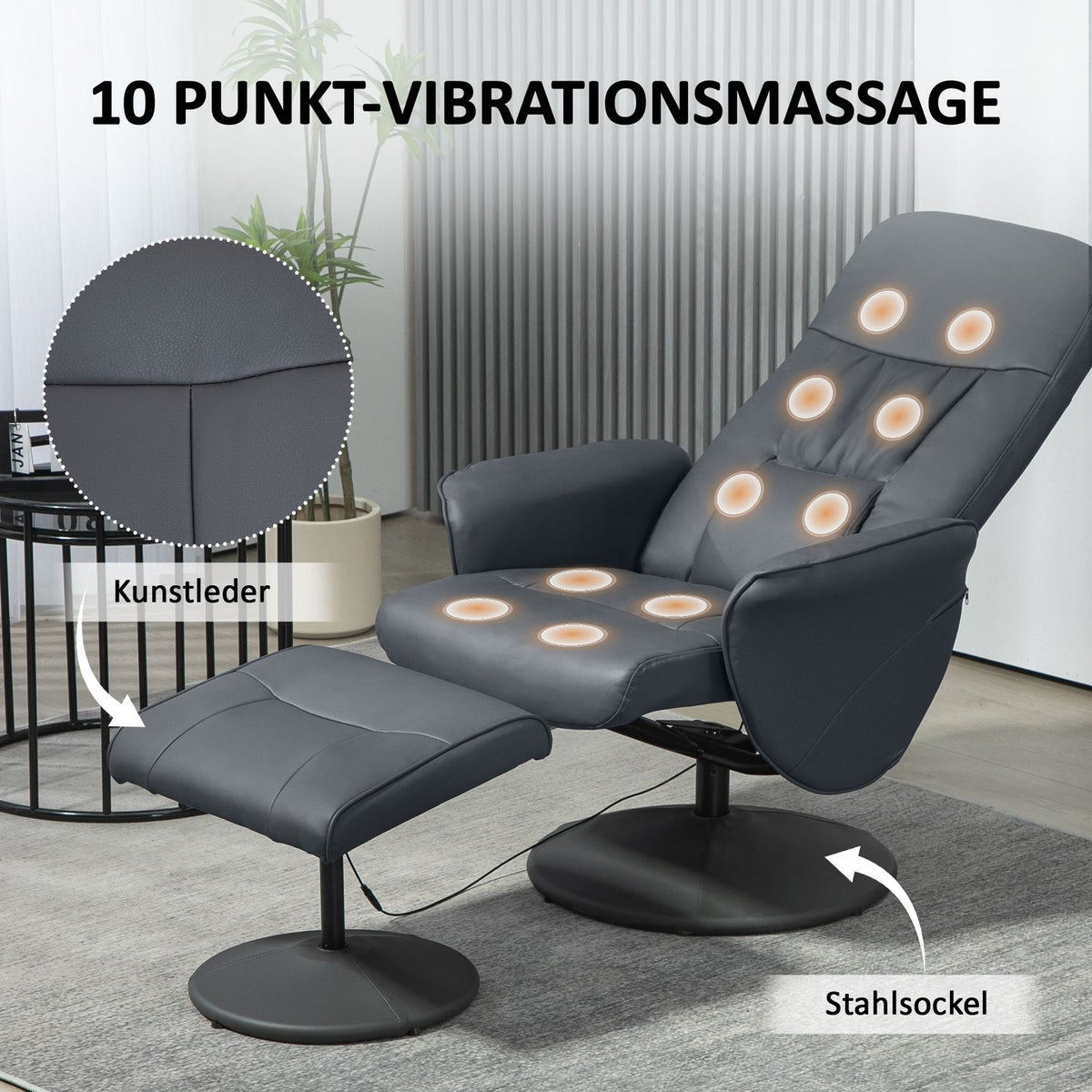 Relaxation chair with footstool, electric massage chair with reclining function, 10 massage points, rotating TV chair with side pocket, remote control, faux leather, dark gray