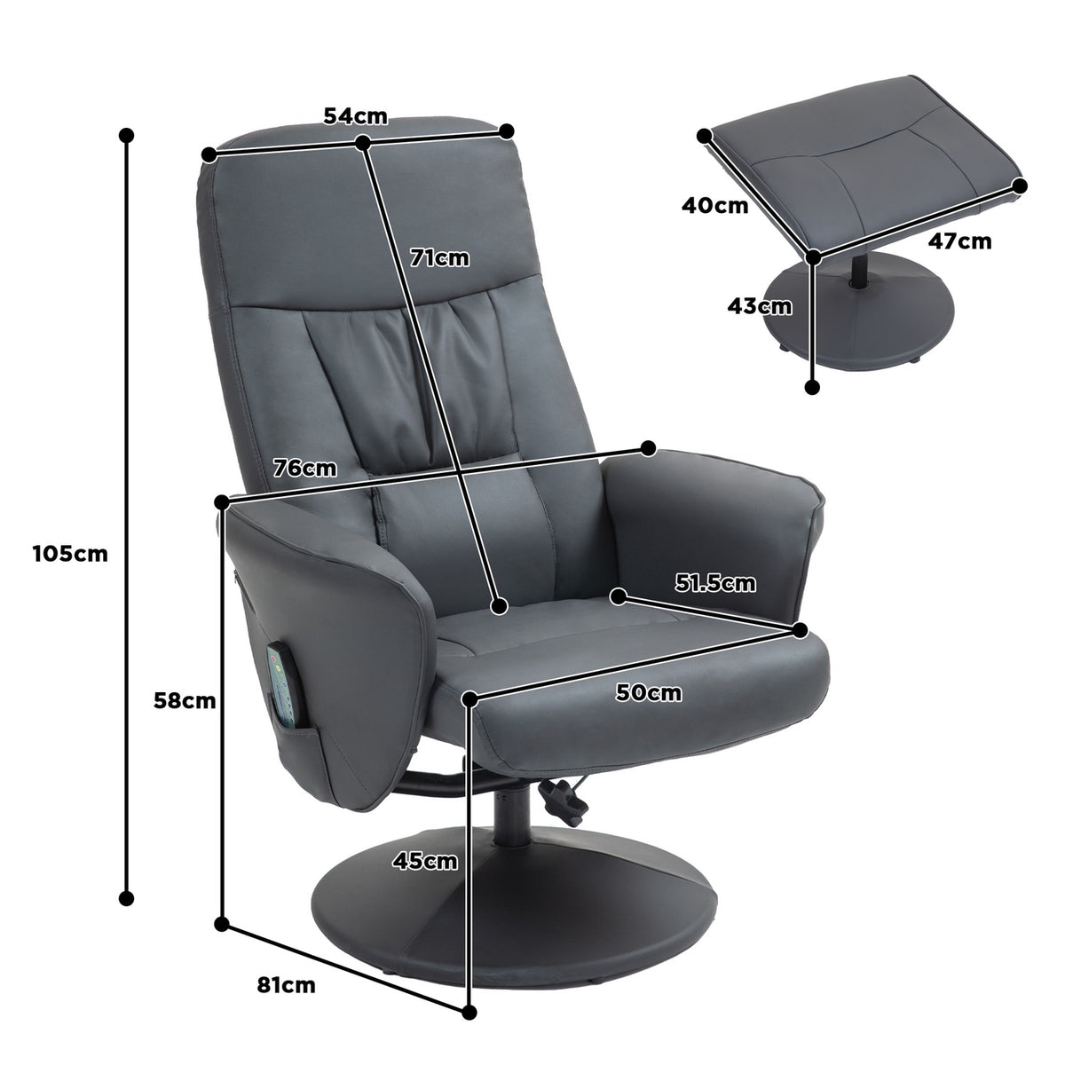 Relaxation chair with footstool, electric massage chair with reclining function, 10 massage points, rotating TV chair with side pocket, remote control, faux leather, dark gray