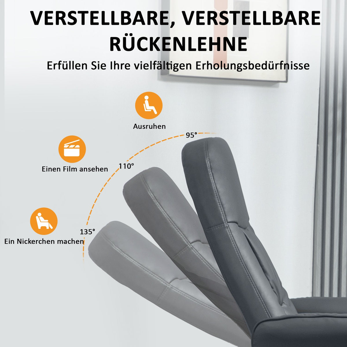 Relaxation chair with footstool, electric massage chair with reclining function, 10 massage points, rotating TV chair with side pocket, remote control, faux leather, dark gray