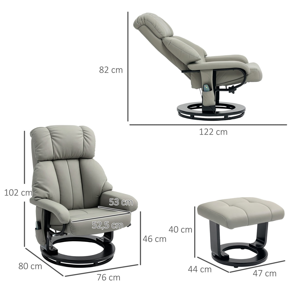 Relaxation chair with footstool, massage chair with reclining function, electric recliner with remote control, TV chair with side pocket, faux leather, gray