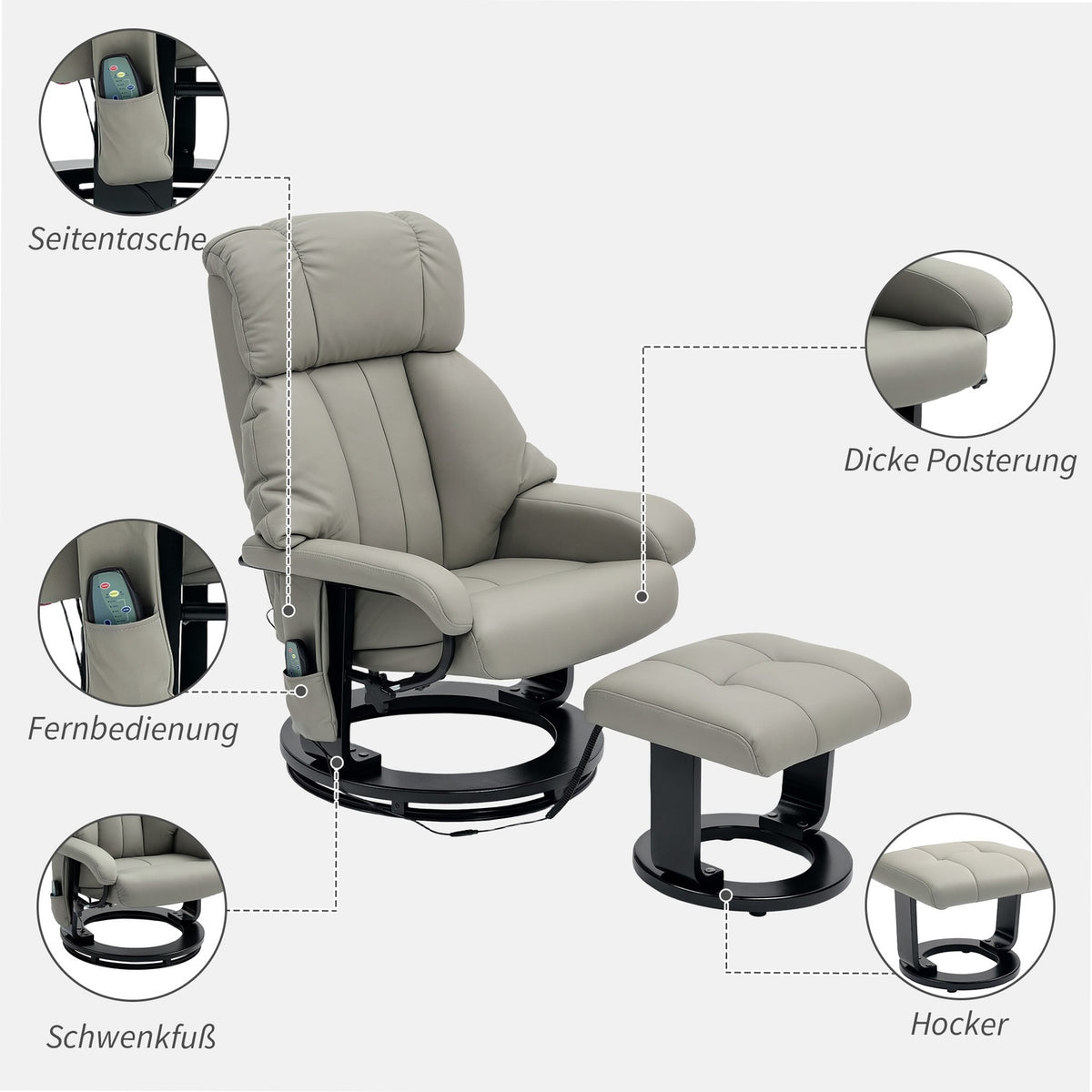 Relaxation chair with footstool, massage chair with reclining function, electric recliner with remote control, TV chair with side pocket, faux leather, gray