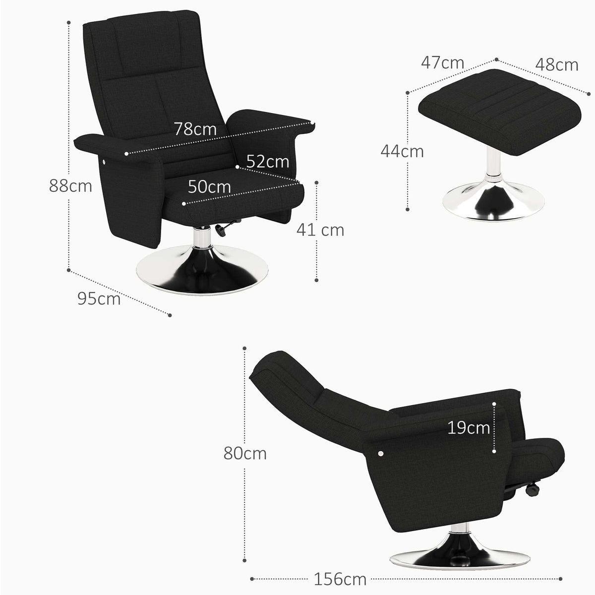 Relaxation chair with footstool, rotating massage chair with reclining function, 8 point vibration massage, electric TV chair with remote control, linen look, steel, black