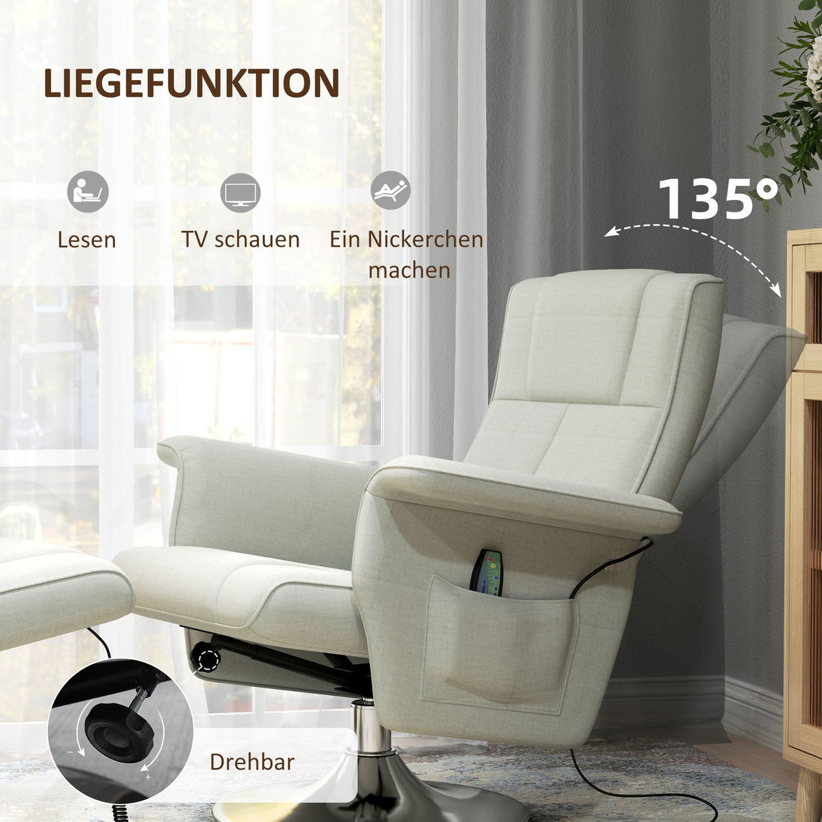 Relaxation chair with footstool, rotating massage chair with reclining function, 8 point vibration massage, electric TV chair with remote control, linen look, steel, cream white