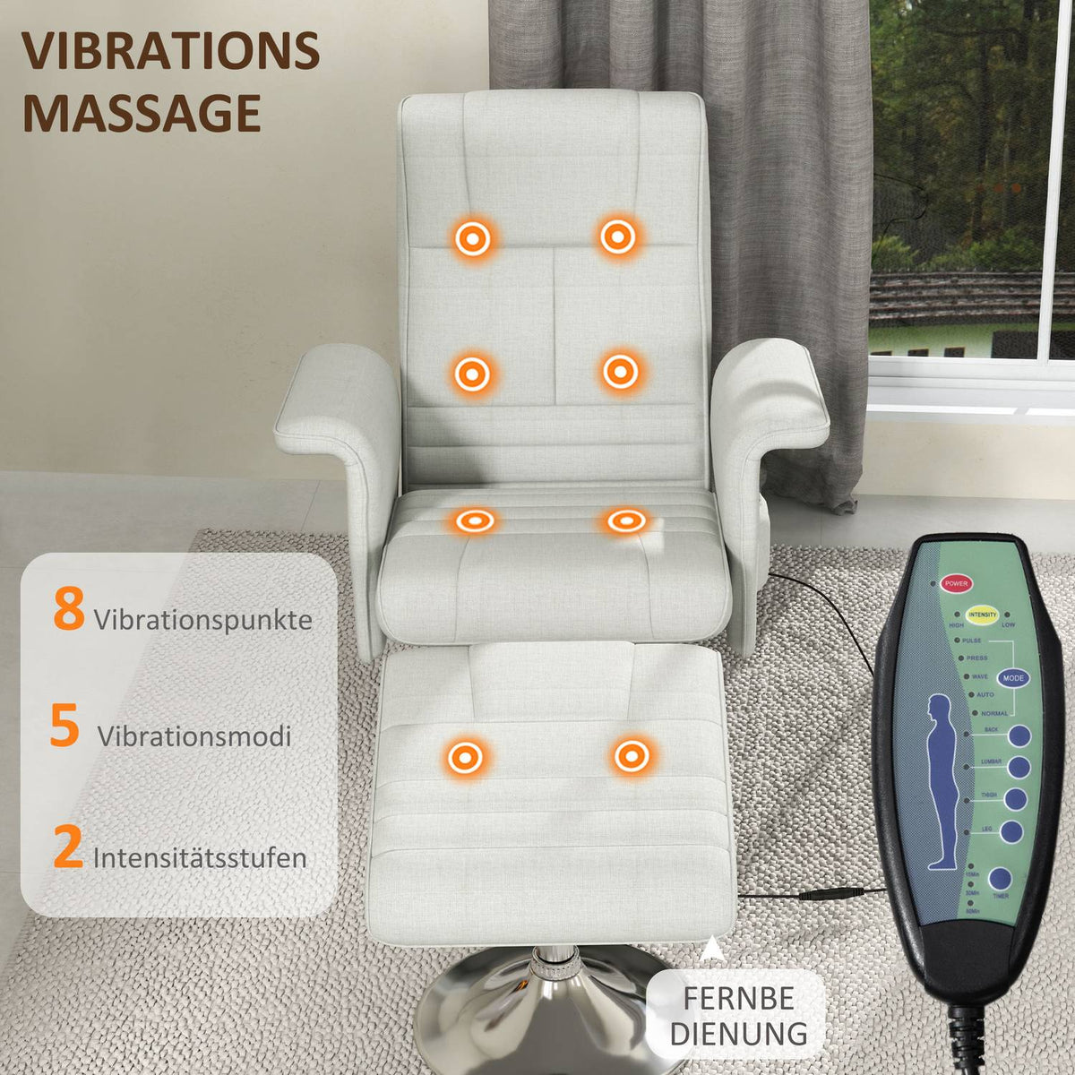 Relaxation chair with footstool, rotating massage chair with reclining function, 8 point vibration massage, electric TV chair with remote control, linen look, steel, cream white