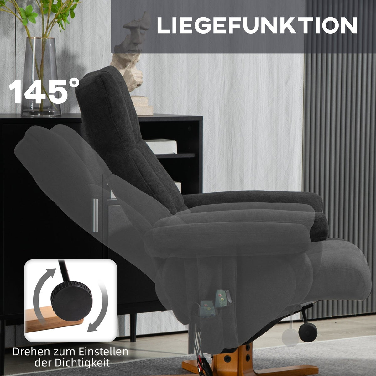 Relaxation chair with footstool, storage space, electric massage chair with reclining function, swivel TV chair with side pocket, remote control, wooden frame, polyester, black