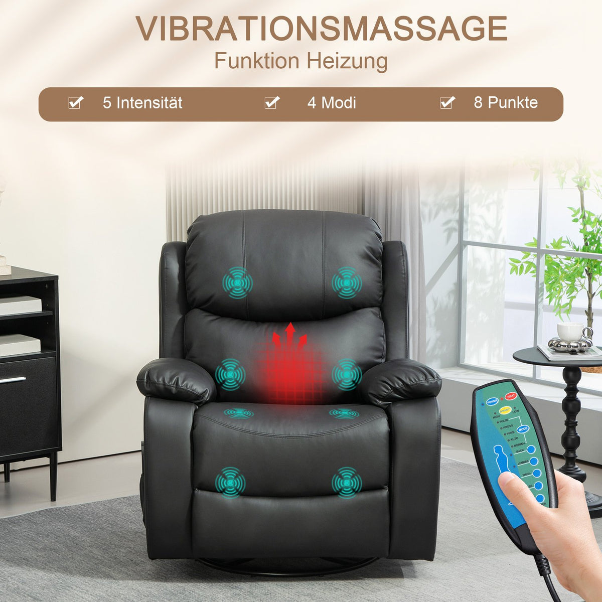 Relaxation chair with massage function, electric TV chair with reclining function, heating function, rotating massage chair with spring system