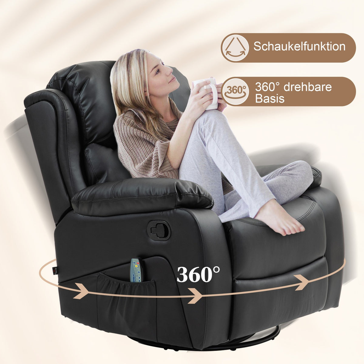 Relaxation chair with massage function, electric TV chair with reclining function, heating function, rotating massage chair with spring system