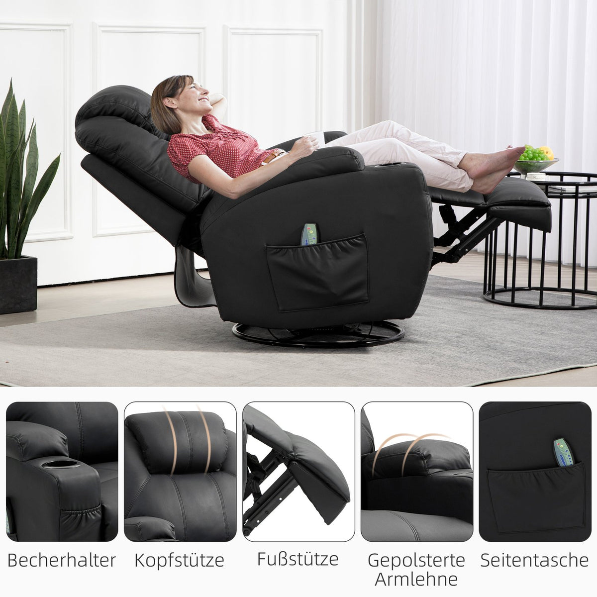 Relaxation chair with massage function, electric TV chair with reclining function, rocking function, rotating massage chair with spring system