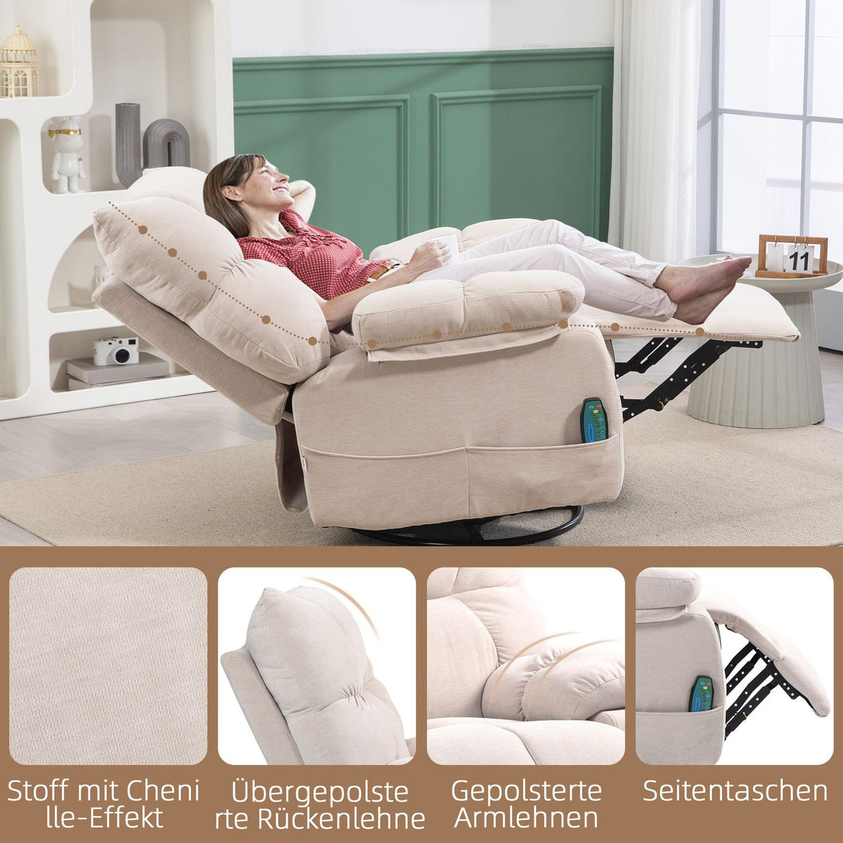 Relaxation chair with massage function, electric TV chair with warming function, reclining function, rotating massage chair with spring system