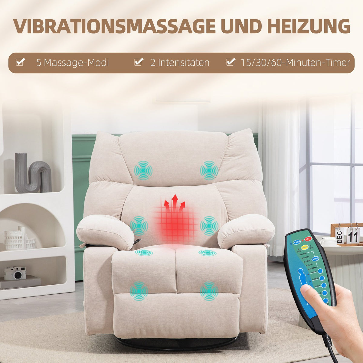 Relaxation chair with massage function, electric TV chair with warming function, reclining function, rotating massage chair with spring system