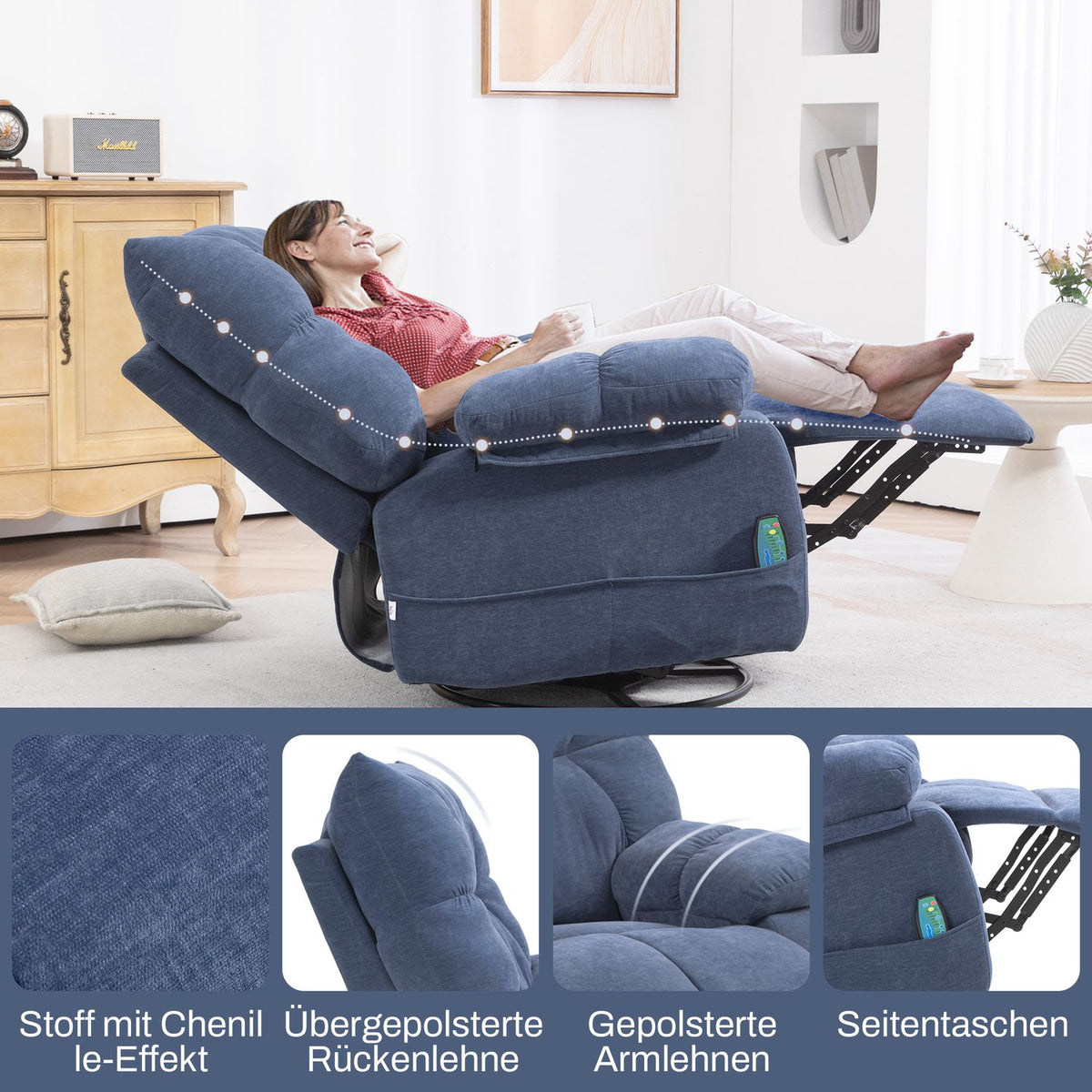 Relaxation chair with massage function, electric TV chair with warming function, reclining function, rotating massage chair with spring system