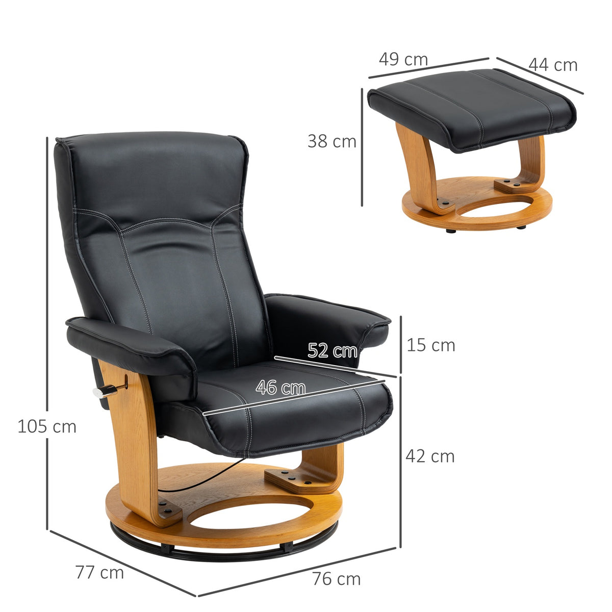 Relaxation chair with reclining function, TV chair, reclining chair with ottoman, rotatable up to 150 kg, faux leather, black
