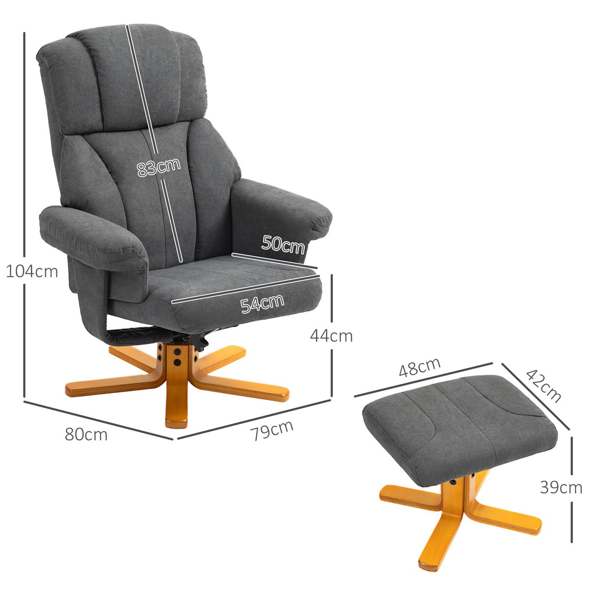 Relaxation chair with reclining function, lounge chair with stool, TV chair with a load capacity of up to 150 kg, for living room, bedroom, 79 x 80 x 104cm, dark gray