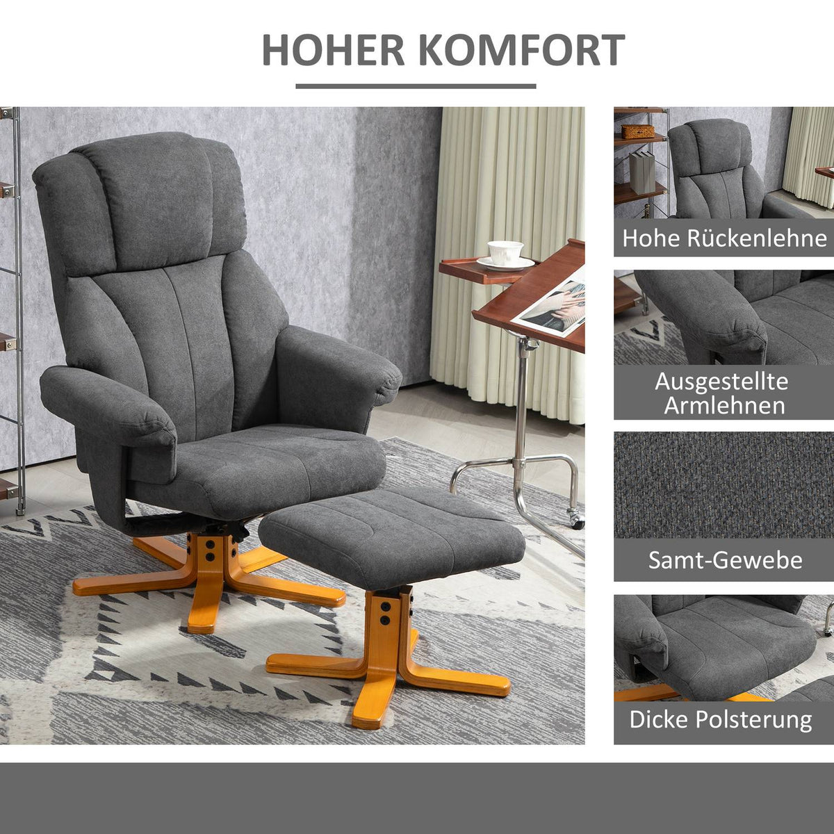 Relaxation chair with reclining function, lounge chair with stool, TV chair with a load capacity of up to 150 kg, for living room, bedroom, 79 x 80 x 104cm, dark gray