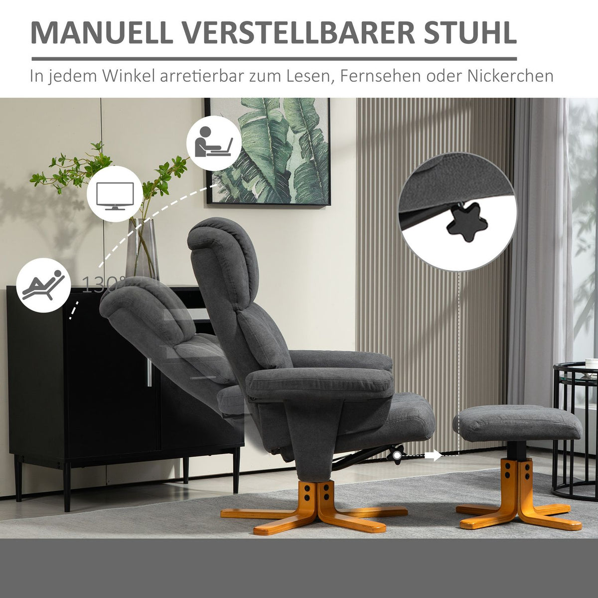 Relaxation chair with reclining function, lounge chair with stool, TV chair with a load capacity of up to 150 kg, for living room, bedroom, 79 x 80 x 104cm, dark gray