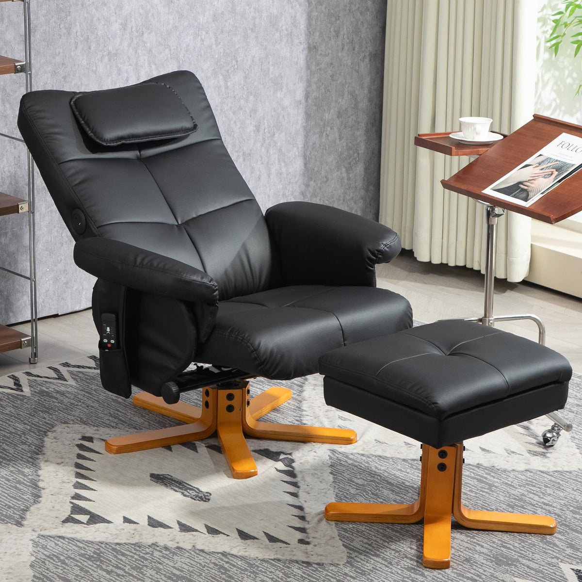 Relaxation chair with reclining function, massage chair with stool and storage space, TV chair with side pocket, faux leather, 78 x 86 x 93cm, black