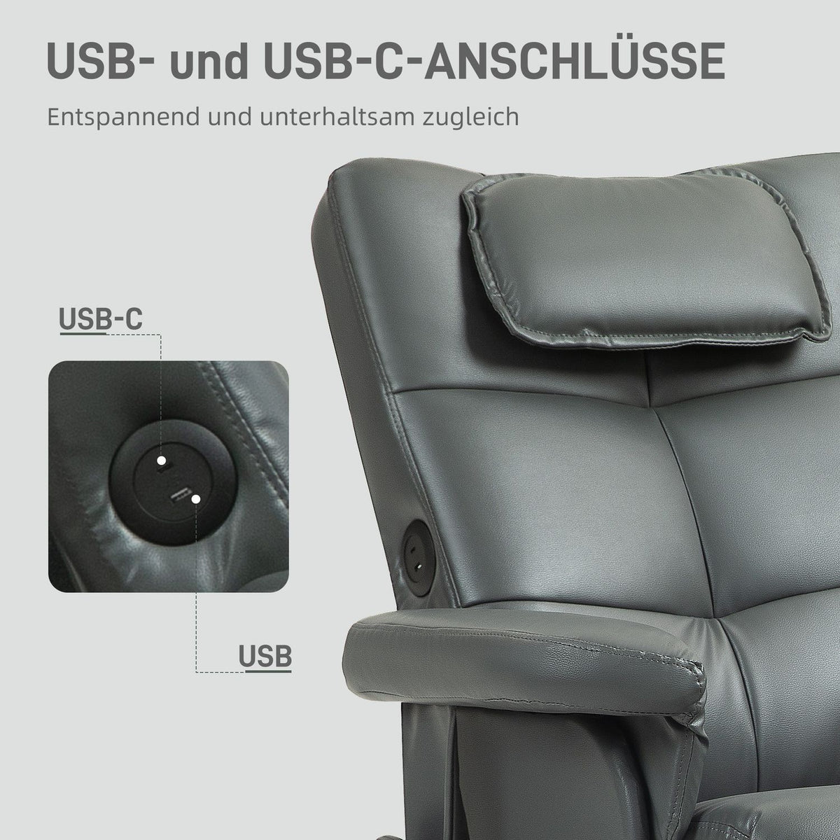 Relaxation chair with reclining function, massage chair with stool and storage space, TV chair with side pocket, faux leather, 78 x 86 x 93cm, dark grey