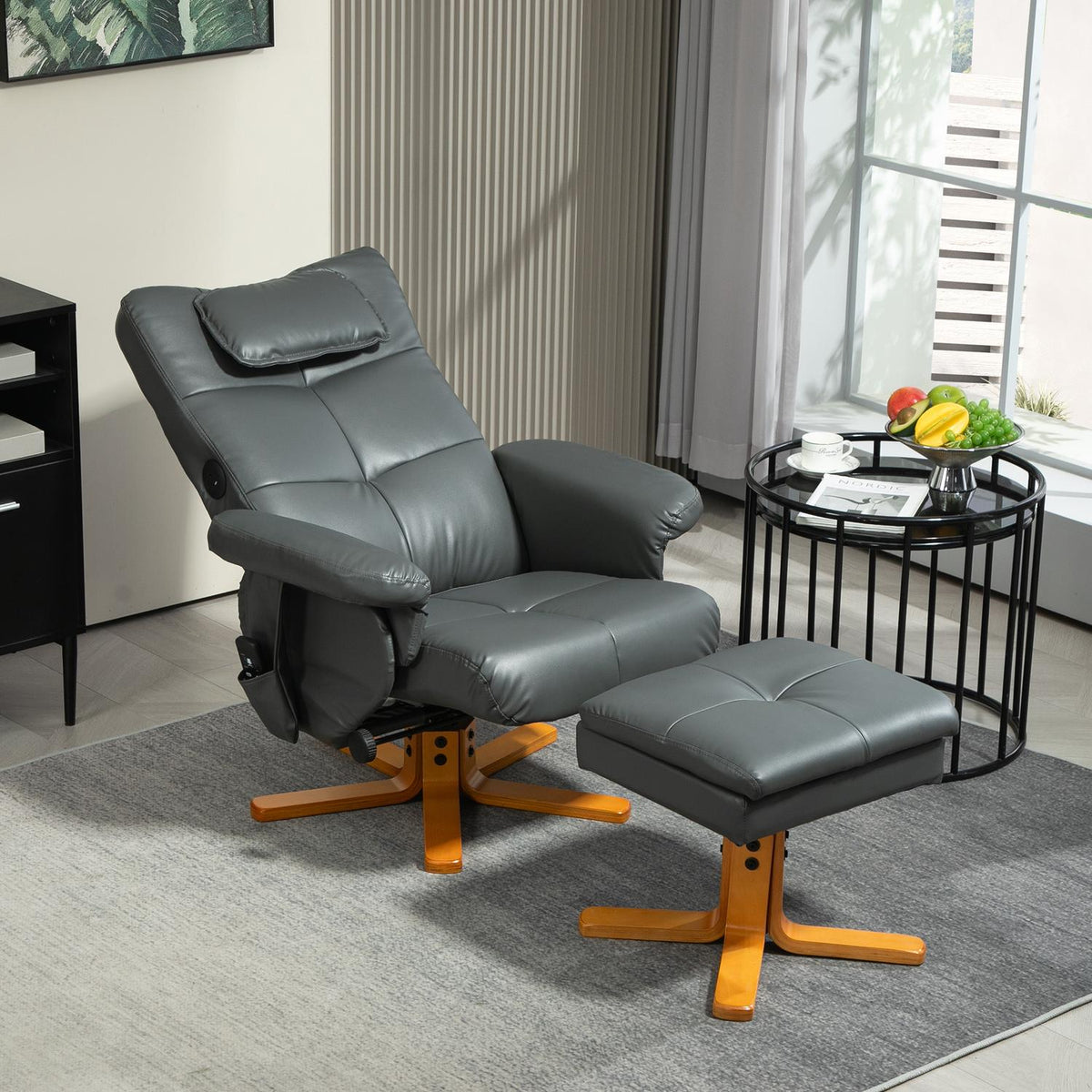 Relaxation chair with reclining function, massage chair with stool and storage space, TV chair with side pocket, faux leather, 78 x 86 x 93cm, dark grey