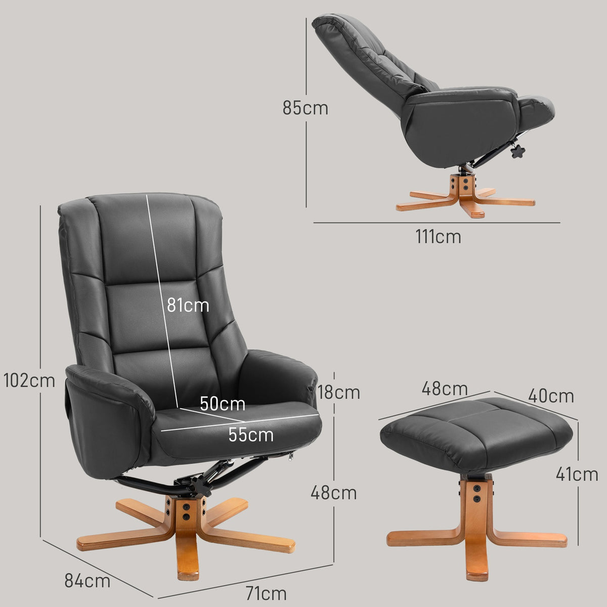 Relaxation chair with stool, 360° rotatable, 130° tiltable, with reclining function, high backrest, wooden frame, imitation leather, 76x85x104cm, black