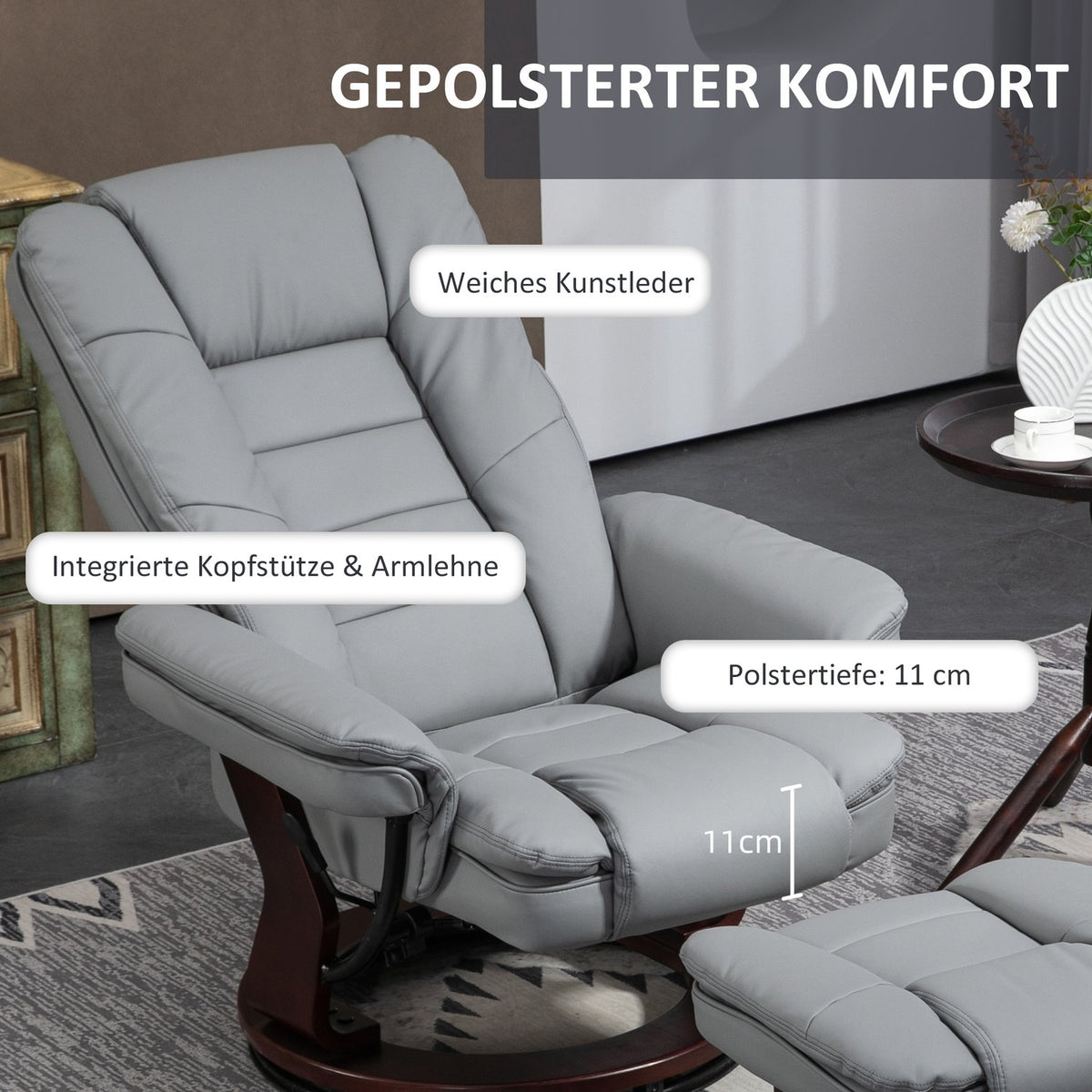 Relaxation chair with stool, 360° rotating TV chair with reclining function, TV chair, recliner, can hold up to 130 kg for living room, faux leather, gray