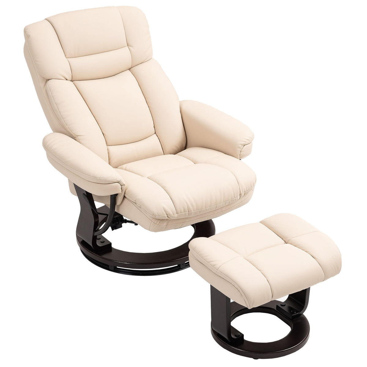 Relaxation chair with stool, 360° rotating TV chair with reclining function, TV chair with pocket spring for living room, faux leather, cream white