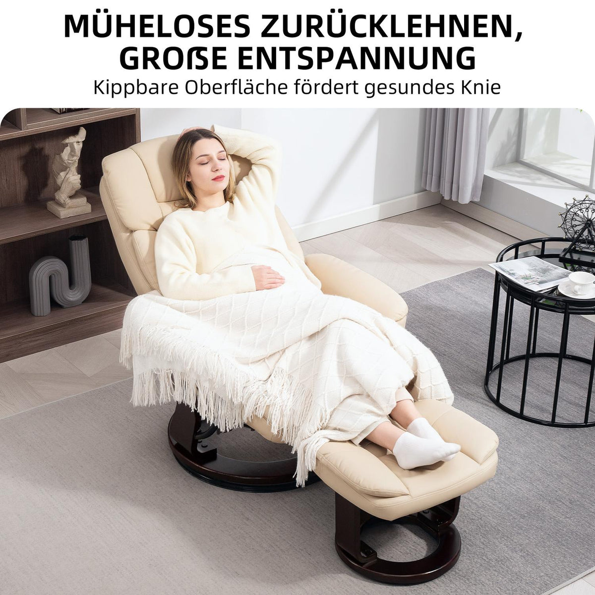 Relaxation chair with stool, 360° rotating TV chair with reclining function, TV chair with pocket spring for living room, faux leather, cream white