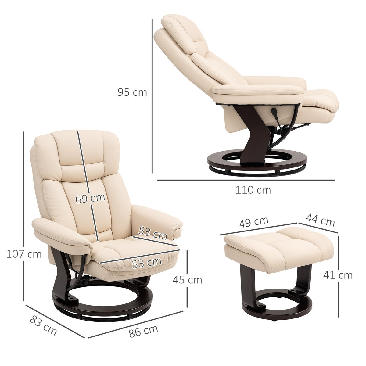 Relaxation chair with stool, 360° rotating TV chair with reclining function, TV chair with pocket spring for living room, faux leather, cream white