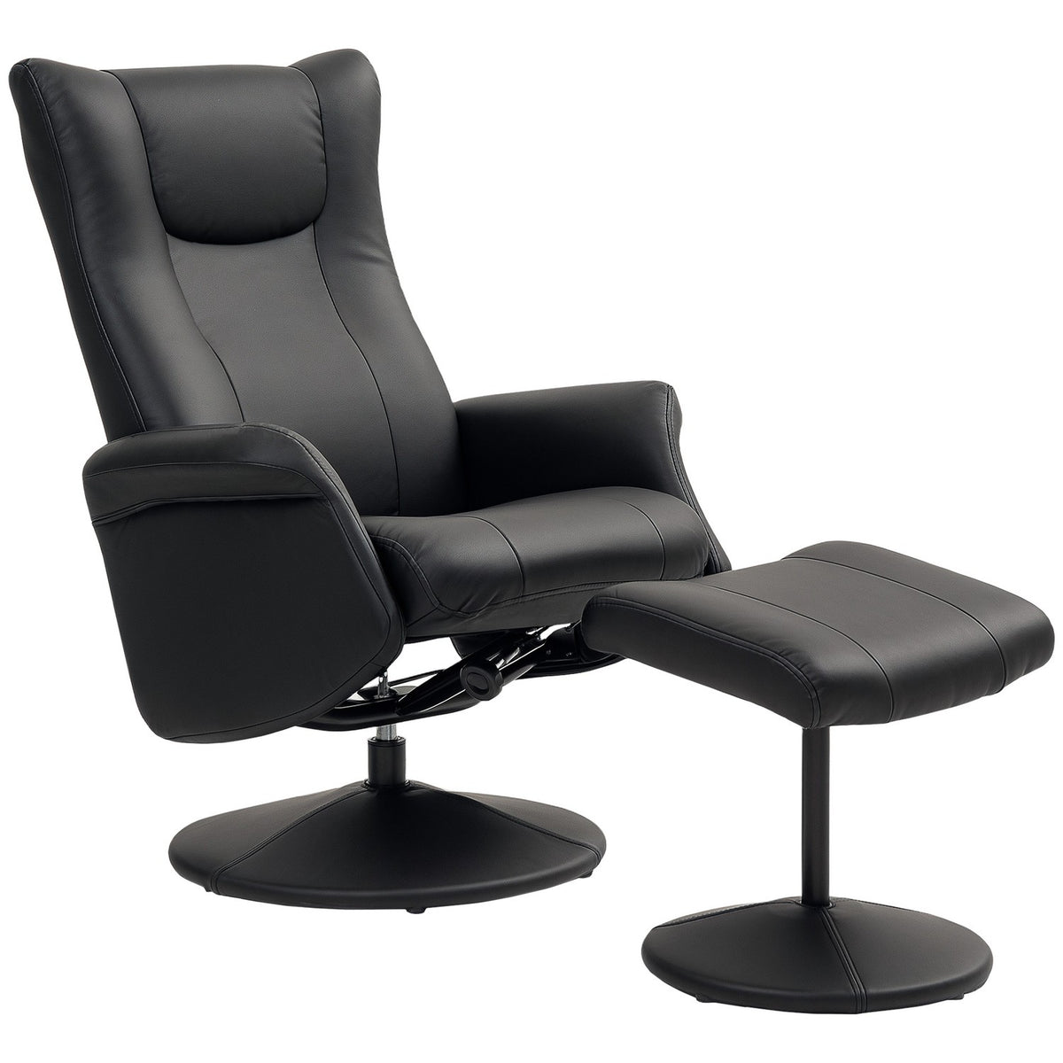 Relaxation chair with stool, 360° rotating TV chair with reclining function, reclining chair with adjustable backrest, TV chair can hold up to 150 kg for living room, faux leather, black