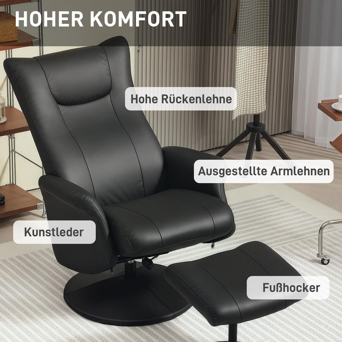 Relaxation chair with stool, 360° rotating TV chair with reclining function, reclining chair with adjustable backrest, TV chair can hold up to 150 kg for living room, faux leather, black