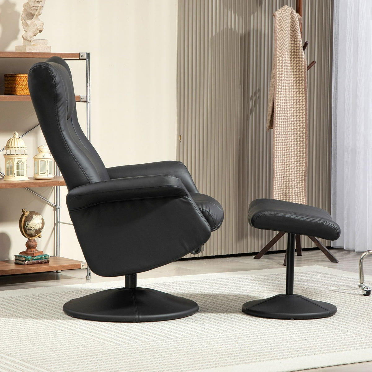 Relaxation chair with stool, 360° rotating TV chair with reclining function, reclining chair with adjustable backrest, TV chair can hold up to 150 kg for living room, faux leather, black