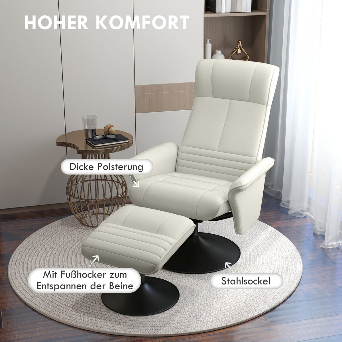 Relaxation chair with stool Rotating TV chair with reclining function, TV chair can hold up to 150 kg, reclining chair for living room, bedroom, microfiber cloth, cream white