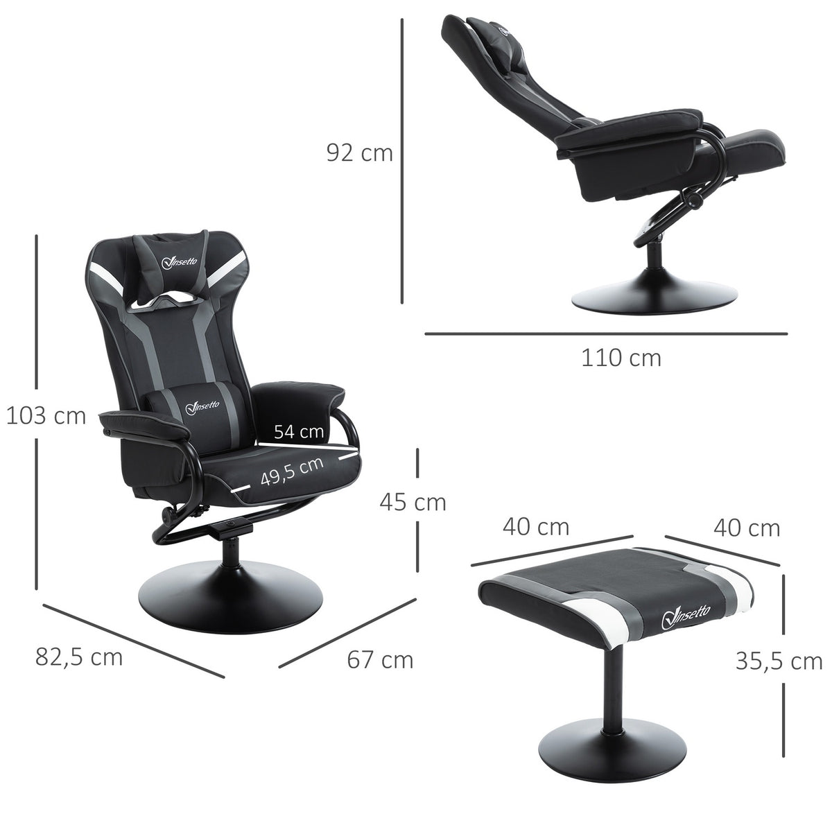 Relaxation chair with stool, TV chair and gaming lounger, 130° tiltable, black-gray, 67 x 82.5 x 103 cm for comfort & relaxation