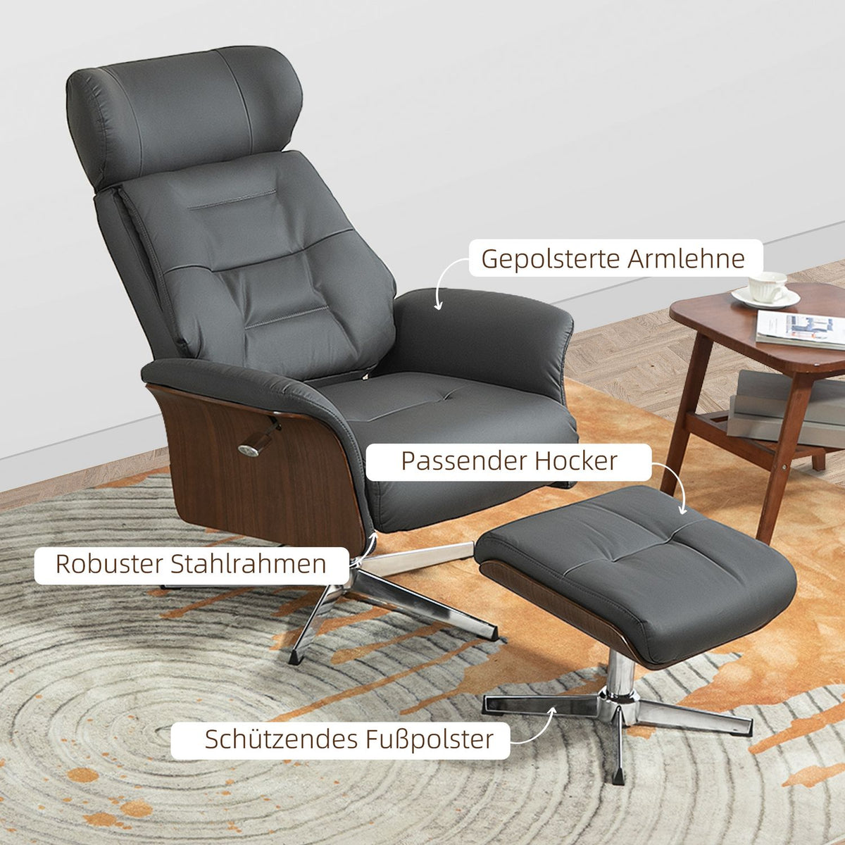 Relaxation chair with stool, TV chair with reclining function, adjustable headrest, swivel TV chair up to 150 kg, for living room, bedroom, faux leather, dark gray