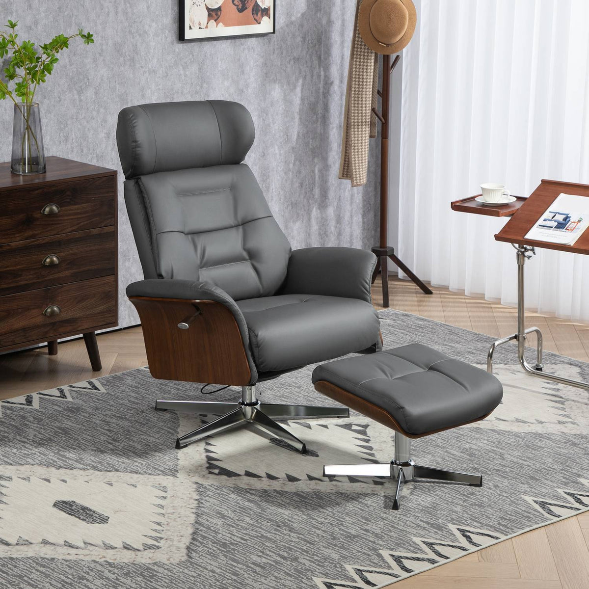 Relaxation chair with stool, TV chair with reclining function, adjustable headrest, swivel TV chair up to 150 kg, for living room, bedroom, faux leather, dark gray