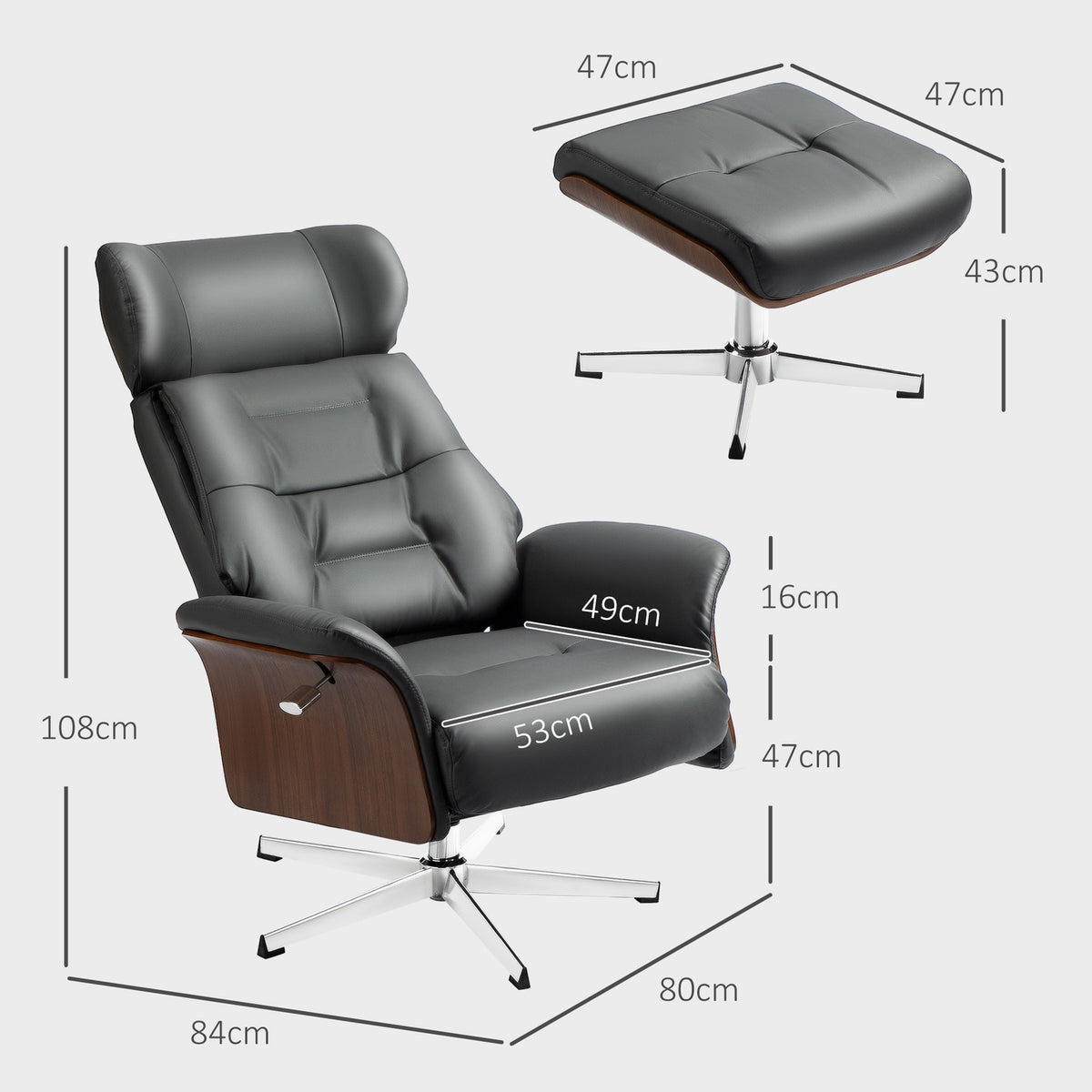 Relaxation chair with stool, TV chair with reclining function, adjustable headrest, swivel TV chair up to 150 kg, for living room, bedroom, faux leather, dark gray