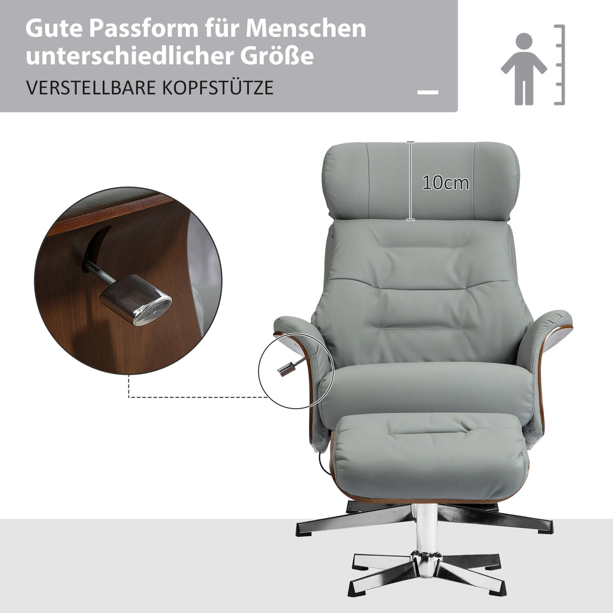 Relaxation chair with stool, TV chair with reclining function, adjustable headrest, swivel TV chair up to 150 kg, for living room, bedroom, faux leather, light gray