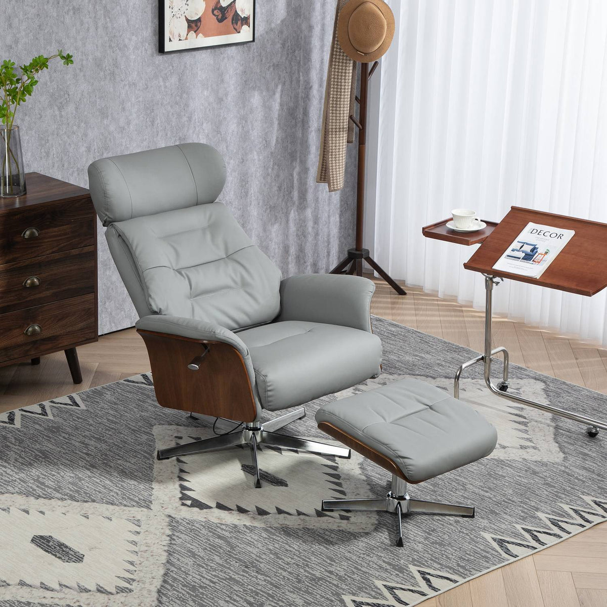 Relaxation chair with stool, TV chair with reclining function, adjustable headrest, swivel TV chair up to 150 kg, for living room, bedroom, faux leather, light gray