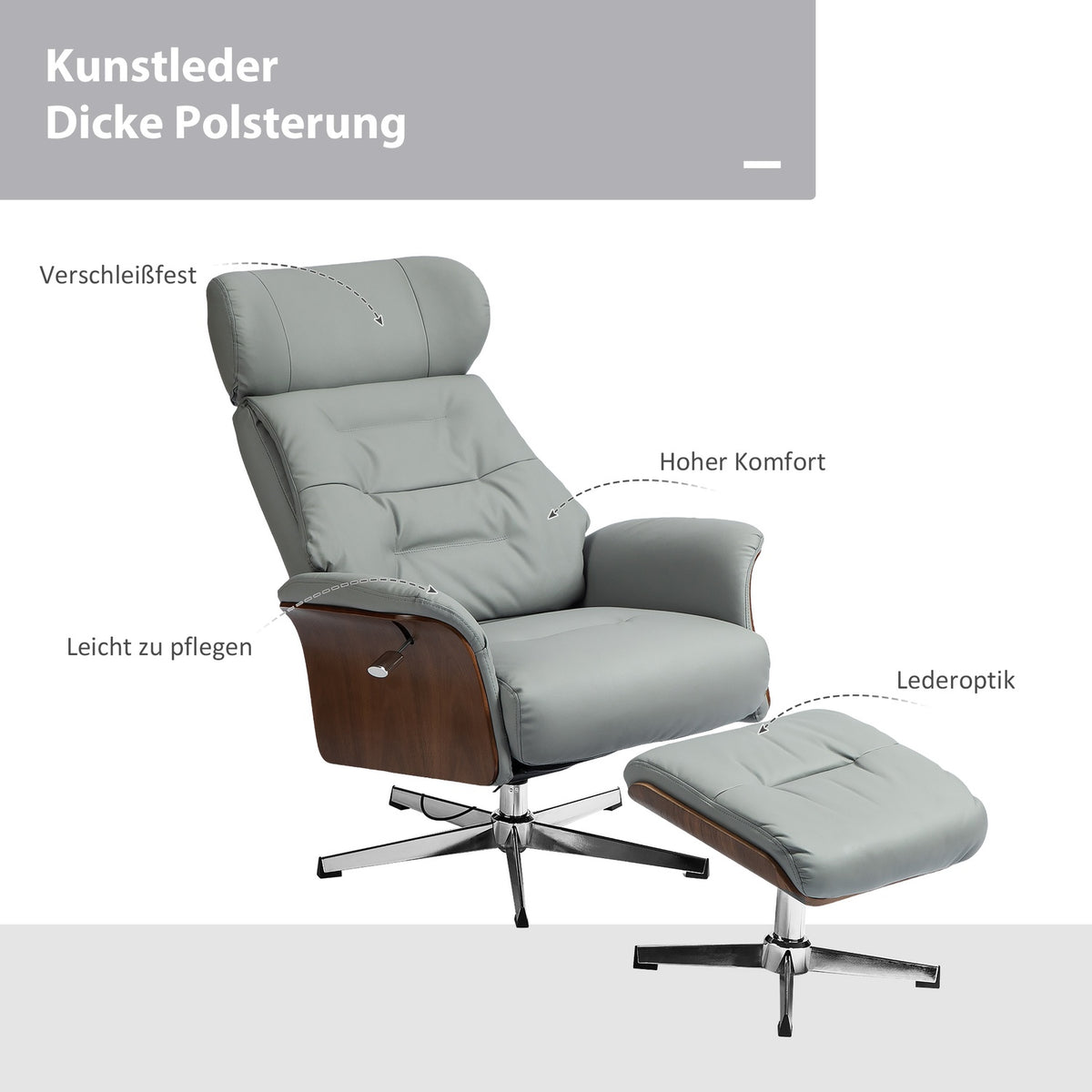 Relaxation chair with stool, TV chair with reclining function, adjustable headrest, swivel TV chair up to 150 kg, for living room, bedroom, faux leather, light gray